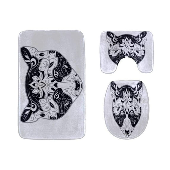 PUDMAD Black and White 3 Piece Bathroom Rugs Set Bath Rug Contour Mat and Toilet Lid Cover