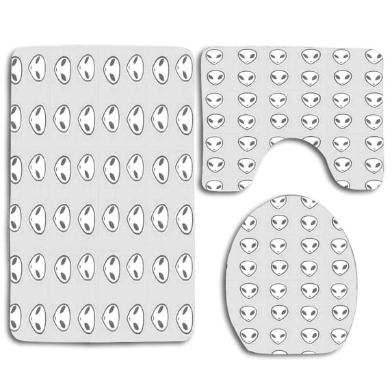 PUDMAD Black and White Alien 3 Piece Bathroom Rugs Set Bath Rug Contour Mat and Toilet Lid Cover