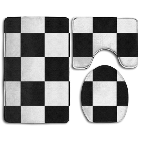 PUDMAD Black and White Checkered 3 Piece Bathroom Rugs Set Bath Rug Contour Mat and Toilet Lid Cover