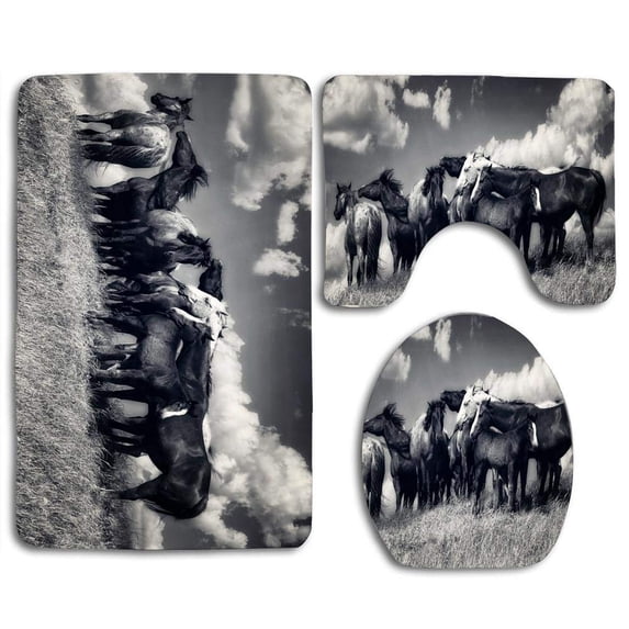 PUDMAD Black and White Horses 3 Piece Bathroom Rugs Set Bath Rug Contour Mat and Toilet Lid Cover