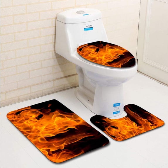 PUDMAD Blaze fire Flame Texture 3 Piece Bathroom Rugs Set Bath Rug Contour Mat and Toilet Lid Cover