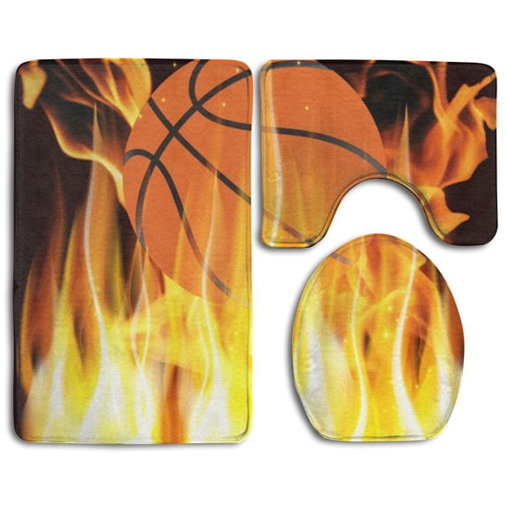 PUDMAD Blazing Basketball 3 Piece Bathroom Rugs Set Bath Rug Contour Mat and Toilet Lid Cover