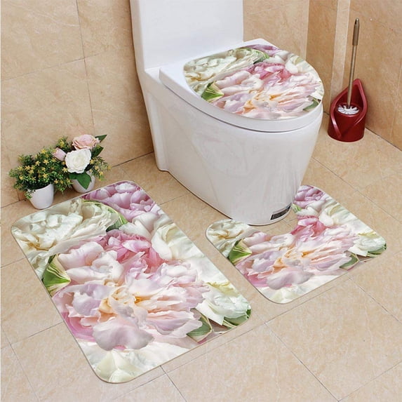 PUDMAD Blooming Peonies 3 Piece Bathroom Rugs Set Bath Rug Contour Mat and Toilet Lid Cover
