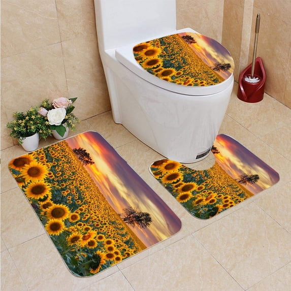 PUDMAD Blooming Sunflower Field 3 Piece Bathroom Rugs Set Bath Rug Contour Mat and Toilet Lid Cover