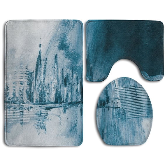 PUDMAD Blue Abstract Painted Texture Close Up Fragment Acrylic Painting 3 Piece Bathroom Rugs Set Bath Rug Contour Mat and Toilet Lid Cover