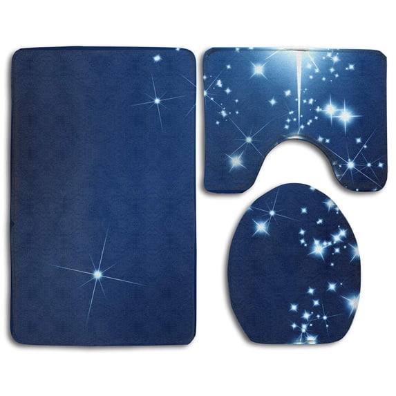 PUDMAD Blue Background Bright Stars 3 Piece Bathroom Rugs Set Bath Rug Contour Mat and Toilet Lid Cover