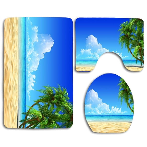PUDMAD Blue Beach 3 Piece Bathroom Rugs Set Bath Rug Contour Mat and Toilet Lid Cover