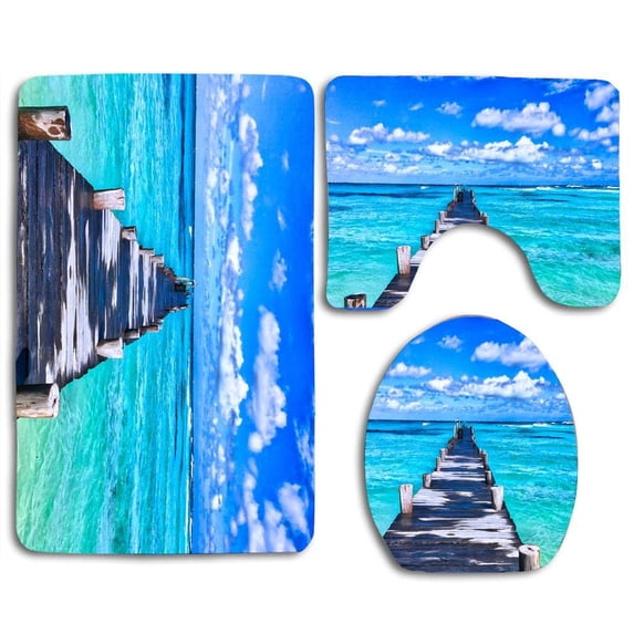 PUDMAD Blue Beach Plank Road 3 Piece Bathroom Rugs Set Bath Rug Contour Mat and Toilet Lid Cover