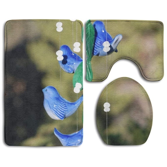 PUDMAD Blue Bird Happiness Wind 3 Piece Bathroom Rugs Set Bath Rug Contour Mat and Toilet Lid Cover