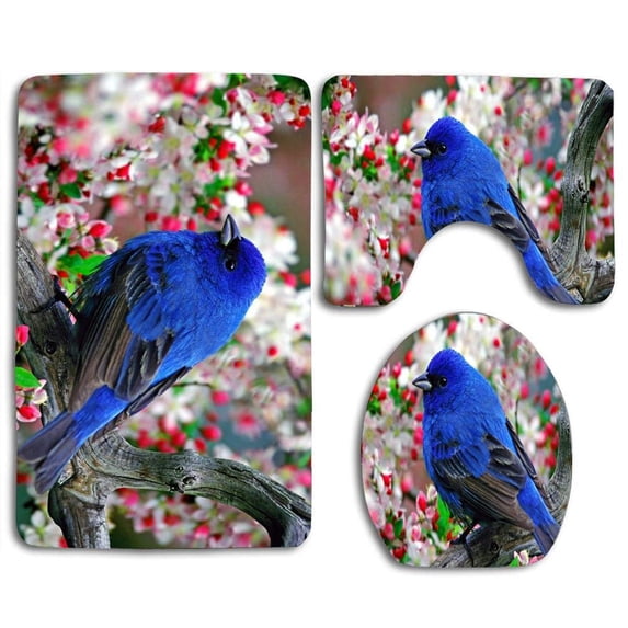 PUDMAD Blue Bird on Peach Tree 3 Piece Bathroom Rugs Set Bath Rug Contour Mat and Toilet Lid Cover