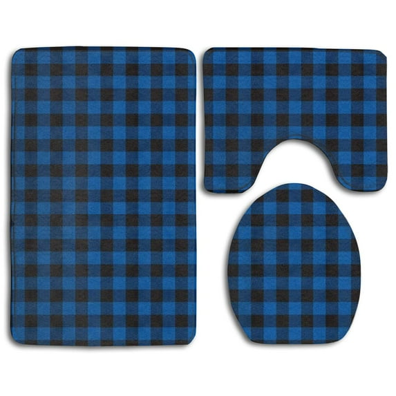 PUDMAD Blue Buffalo Plaid 3 Piece Bathroom Rugs Set Bath Rug Contour Mat and Toilet Lid Cover