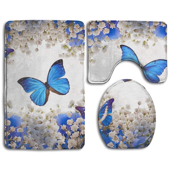 PUDMAD Blue Butterflies White Flowers 3 Piece Bathroom Rugs Set Bath Rug Contour Mat and Toilet Lid Cover