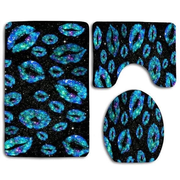 PUDMAD Blue Glitter Lips 3 Piece Bathroom Rugs Set Bath Rug Contour Mat and Toilet Lid Cover