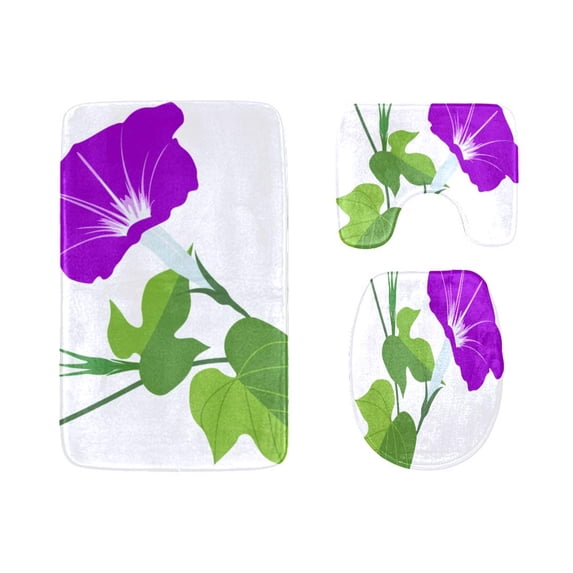 PUDMAD Blue Morning Glory 3 Piece Bathroom Rugs Set Bath Rug Contour Mat and Toilet Lid Cover