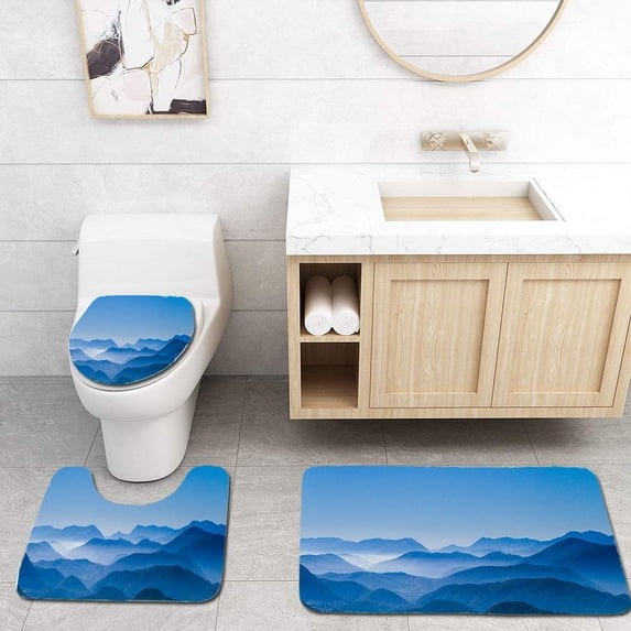 PUDMAD Blue Mountains in Apennines 3 Piece Bathroom Rugs Set Bath Rug Contour Mat and Toilet Lid Cover