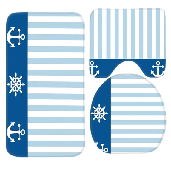 PUDMAD Blue Nautical 3 Piece Bathroom Rugs Set Bath Rug Contour Mat and Toilet Lid Cover