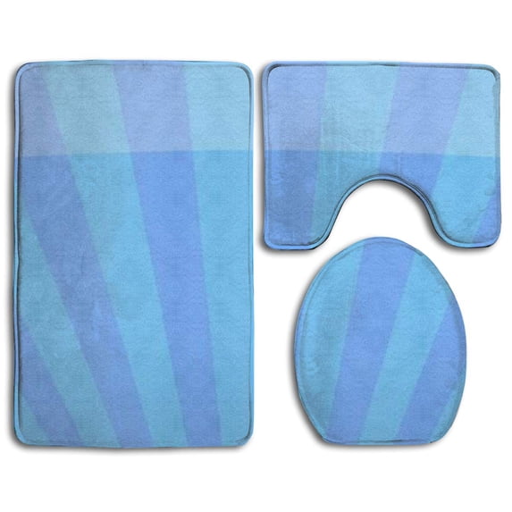 PUDMAD Blue Ocean Striped 3 Piece Bathroom Rugs Set Bath Rug Contour Mat and Toilet Lid Cover