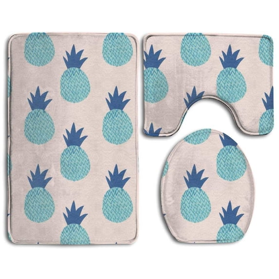 PUDMAD Blue Pineapple 3 Piece Bathroom Rugs Set Bath Rug Contour Mat and Toilet Lid Cover