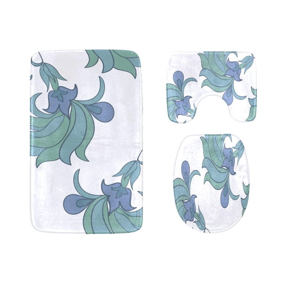 PUDMAD Blue-Purple Peony 3 Piece Bathroom Rugs Set Bath Rug Contour Mat and Toilet Lid Cover