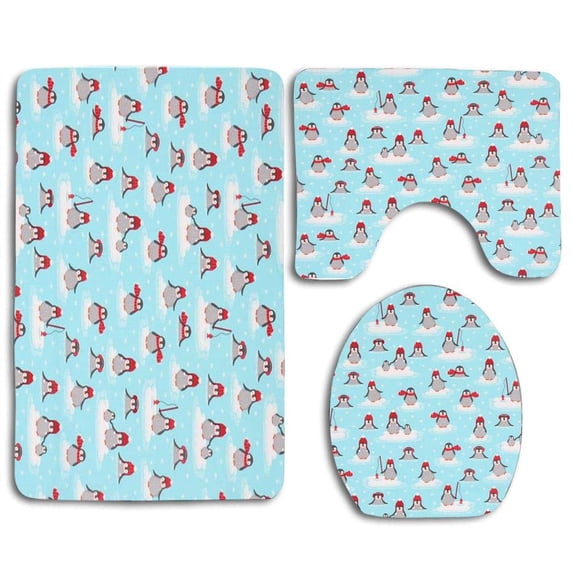 PUDMAD Blue Robert Fabric Cute Penguin 3 Piece Bathroom Rugs Set Bath Rug Contour Mat and Toilet Lid Cover