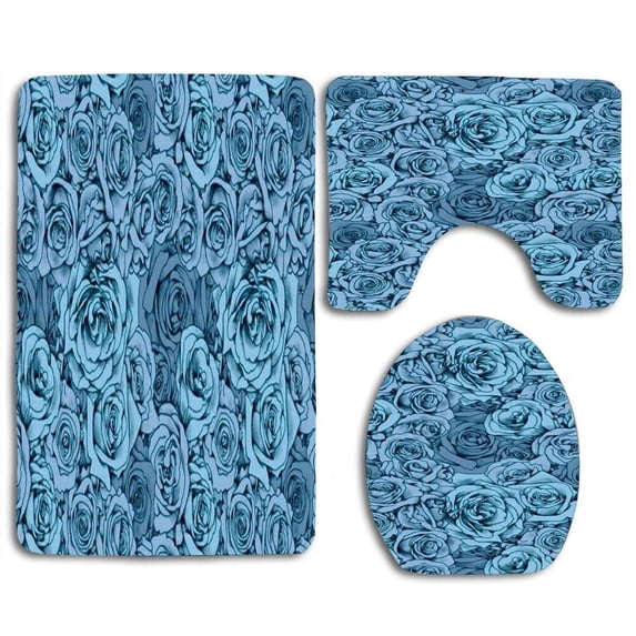 PUDMAD Blue Rose 3 Piece Bathroom Rugs Set Bath Rug Contour Mat and Toilet Lid Cover