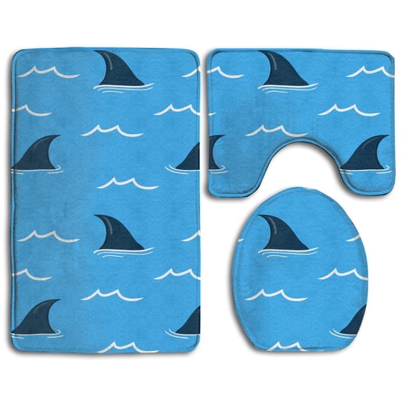 PUDMAD Blue Sharks 3 Piece Bathroom Rugs Set Bath Rug Contour Mat and Toilet Lid Cover