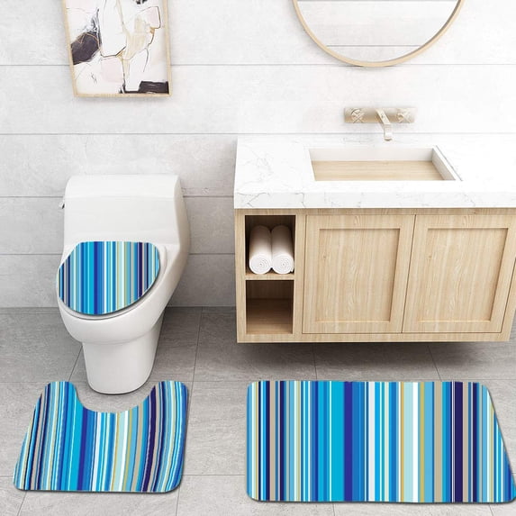 PUDMAD Blue Vertical Stripes Repeating Retro Revival Funky Abstract Composition 3 Piece Bathroom Rugs Set Bath Rug Contour Mat and Toilet Lid Cover
