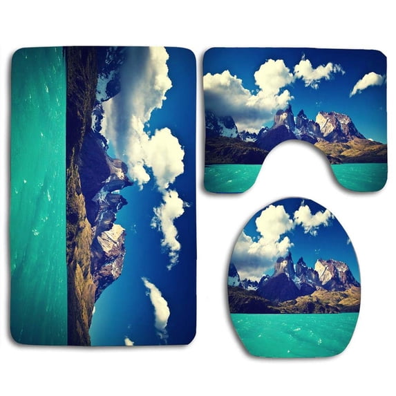 PUDMAD Blue Water Hills Rivers 3 Piece Bathroom Rugs Set Bath Rug Contour Mat and Toilet Lid Cover