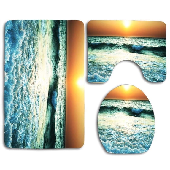 PUDMAD Blue Waves Sun 3 Piece Bathroom Rugs Set Bath Rug Contour Mat and Toilet Lid Cover
