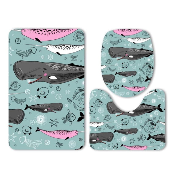 PUDMAD Blue Whale Cute Unicorn Big Eyes Fish Ocean 3 Piece Bathroom Rugs Set Bath Rug Contour Mat and Toilet Lid Cover
