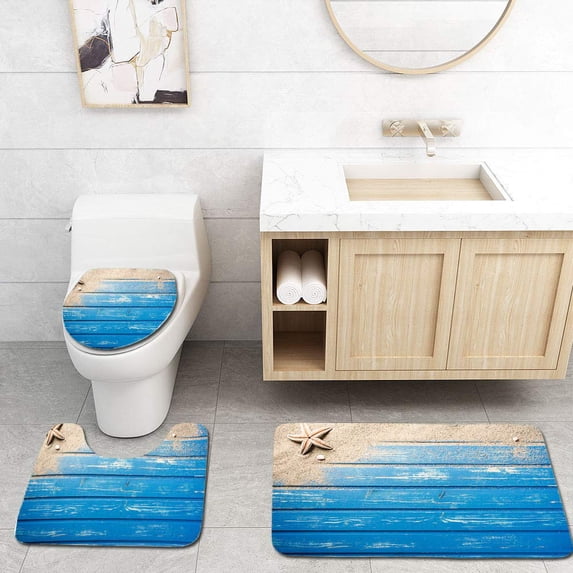 PUDMAD Blue Wooden Platform Beach Sand 3 Piece Bathroom Rugs Set Bath Rug Contour Mat and Toilet Lid Cover