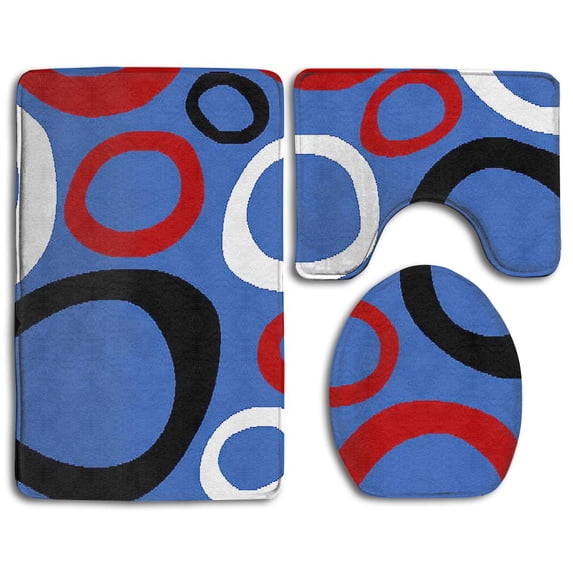 PUDMAD Blue and Red Background 3 Piece Bathroom Rugs Set Bath Rug Contour Mat and Toilet Lid Cover