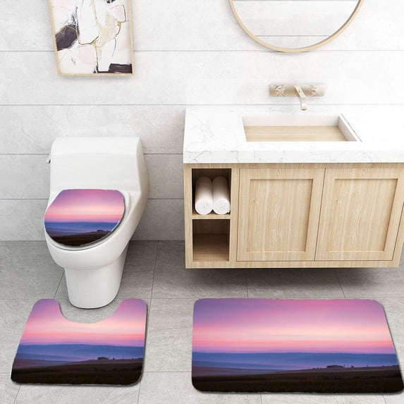 PUDMAD Blue fileds and House Silhouette Below Dramatic Sky Before Sunrise 3 Piece Bathroom Rugs Set Bath Rug Contour Mat and Toilet Lid Cover