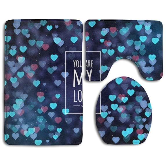 PUDMAD Blurred Valentine In Blue Unique 3 Piece Bathroom Rugs Set Bath Rug Contour Mat and Toilet Lid Cover