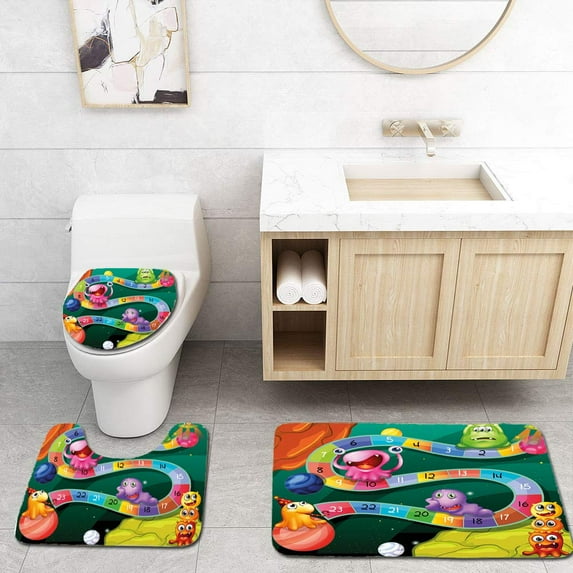 PUDMAD Board Game Colorful Cartoon Style Cute Aliens Numbers in Curvy Line Fun Activity Theme 3 Piece Bathroom Rugs Set Bath Rug Contour Mat and Toilet Lid Cover
