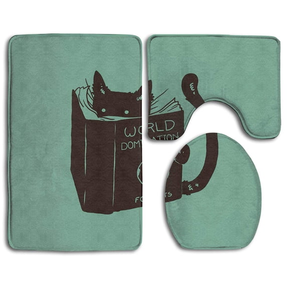 PUDMAD Book for Cats 3 Piece Bathroom Rugs Set Bath Rug Contour Mat and Toilet Lid Cover