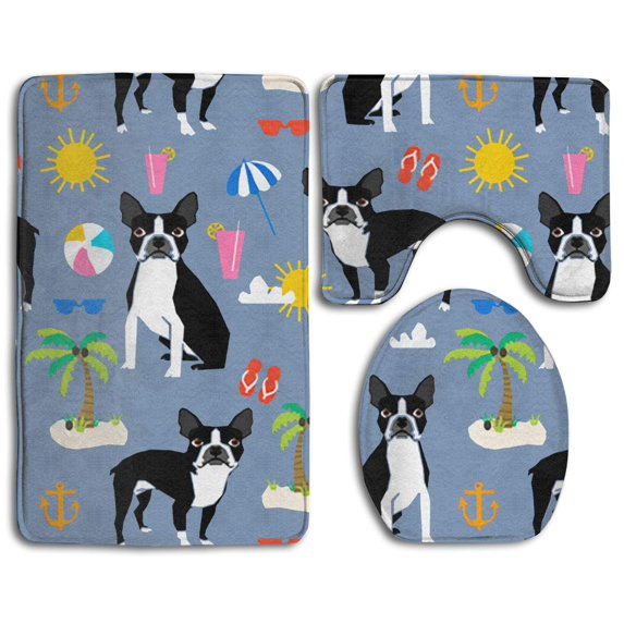 PUDMAD Boston Terrier Dog 3 Piece Bathroom Rugs Set Bath Rug Contour Mat and Toilet Lid Cover