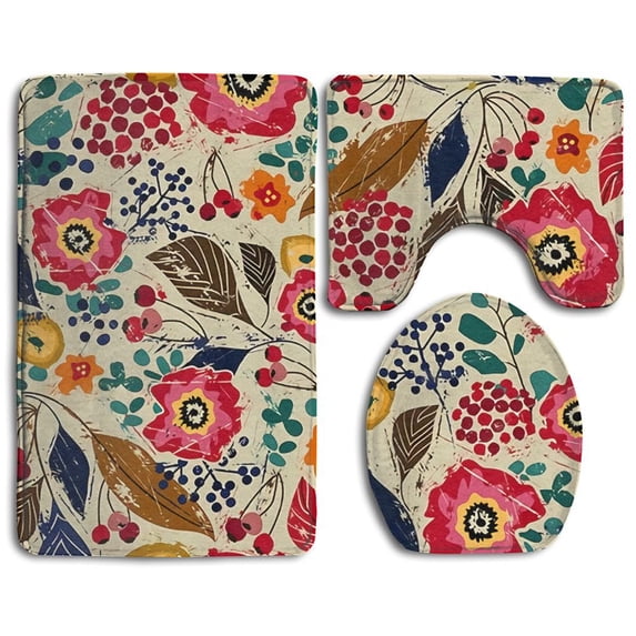 PUDMAD Botanical Drawing 3 Piece Bathroom Rugs Set Bath Rug Contour Mat and Toilet Lid Cover