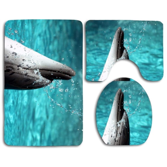 PUDMAD Bottlenose Dolphin 3 Piece Bathroom Rugs Set Bath Rug Contour Mat and Toilet Lid Cover