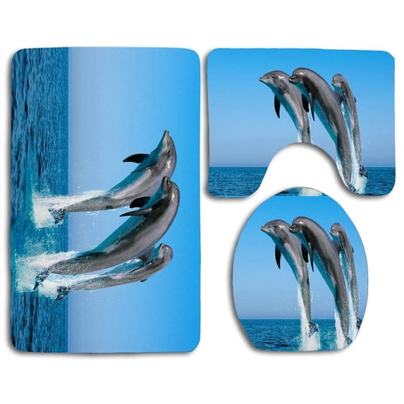PUDMAD Bottlenose Dolphins Tursiops Truncatus 3 Piece Bathroom Rugs Set Bath Rug Contour Mat and Toilet Lid Cover