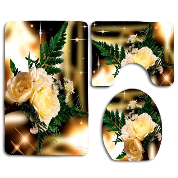 PUDMAD Bouquet Yellow Roses 3 Piece Bathroom Rugs Set Bath Rug Contour Mat and Toilet Lid Cover