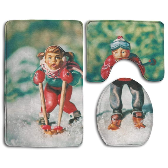 PUDMAD Boy Girl Skiing 3 Piece Bathroom Rugs Set Bath Rug Contour Mat and Toilet Lid Cover