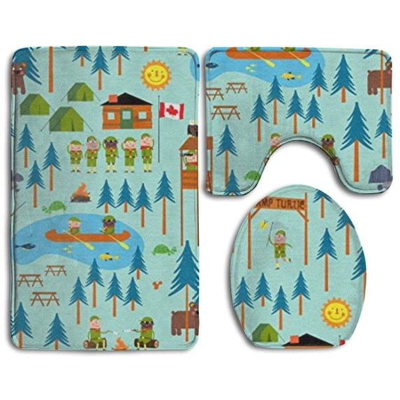 PUDMAD Boy Scouts Camp Turtle 3 Piece Bathroom Rugs Set Bath Rug Contour Mat and Toilet Lid Cover