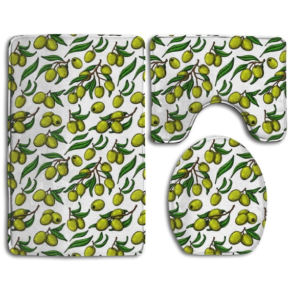 PUDMAD Branch Green Olive Tree Isolated 3 Piece Bathroom Rugs Set Bath Rug Contour Mat and Toilet Lid Cover