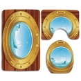 thumbnail image 1 of PUDMAD Brass Porthole on a Wooden Penal Golden Metallic Palm Trees Island Birds 3 Piece Bathroom Rugs Set Bath Rug Contour Mat and Toilet Lid Cover, 1 of 2