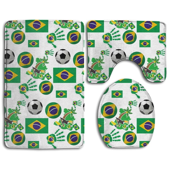 PUDMAD Brazil Football Team 3 Piece Bathroom Rugs Set Bath Rug Contour Mat and Toilet Lid Cover