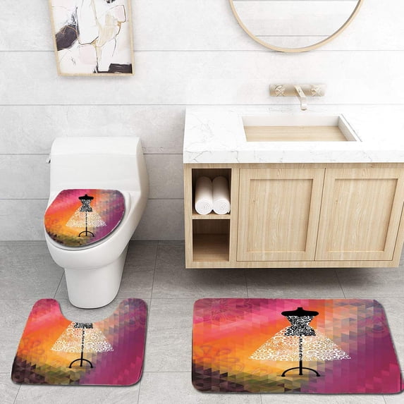 PUDMAD Bridal Shower Abstract Geometric Blurry Backdrop Floral 3 Piece Bathroom Rugs Set Bath Rug Contour Mat and Toilet Lid Cover