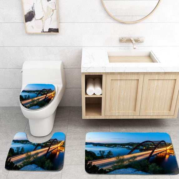 PUDMAD Bridge or Pennybacker Bridge Before Dawn Austin Texas Cityscape 3 Piece Bathroom Rugs Set Bath Rug Contour Mat and Toilet Lid Cover