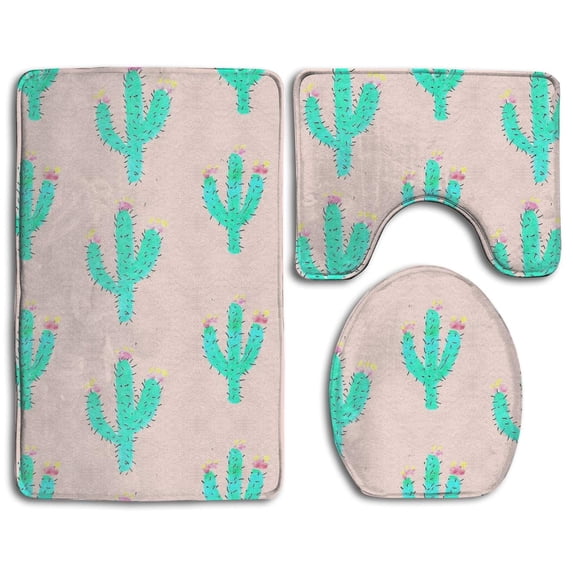 PUDMAD Bright Cactus Pink 3 Piece Bathroom Rugs Set Bath Rug Contour Mat and Toilet Lid Cover