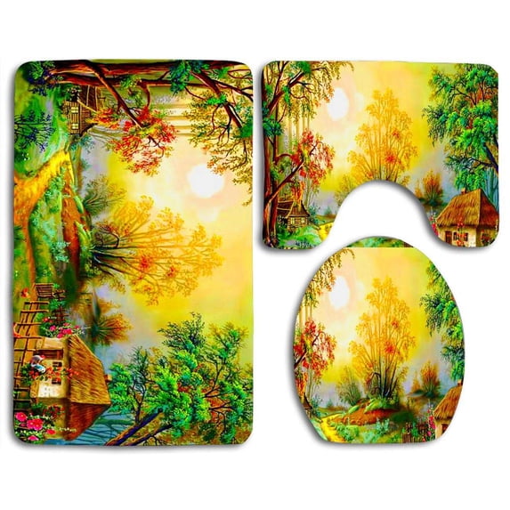 PUDMAD Bright Heaven Nature Cabin Trees 3 Piece Bathroom Rugs Set Bath Rug Contour Mat and Toilet Lid Cover